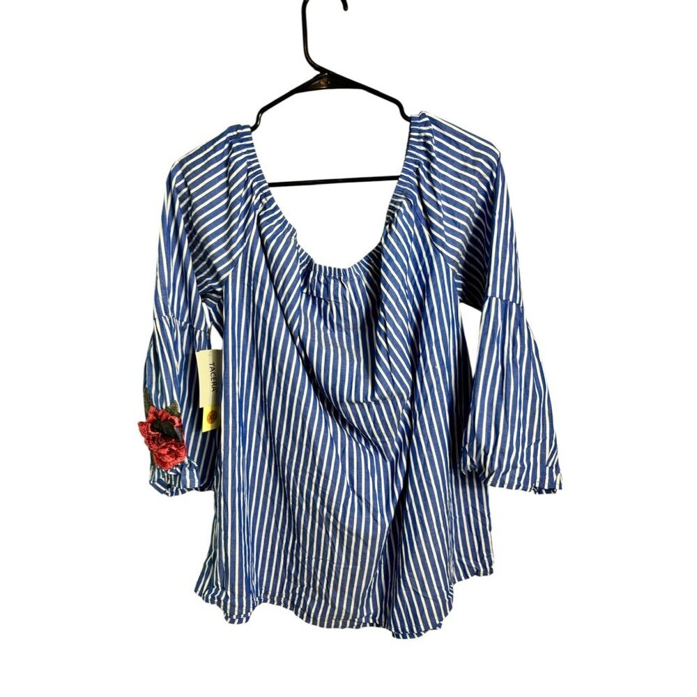 Tacera Women's Off-The-Shoulder Blue & White Striped Top - Picture 2 of 7